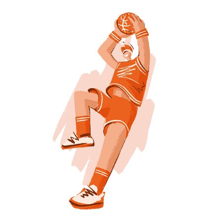 Vector hand drawn colored sketch illustration of professional basketball player, playing with basketball ball in dynamic pose, isolated on white. Hand draw vector illustration of basket ball playのイラスト素材