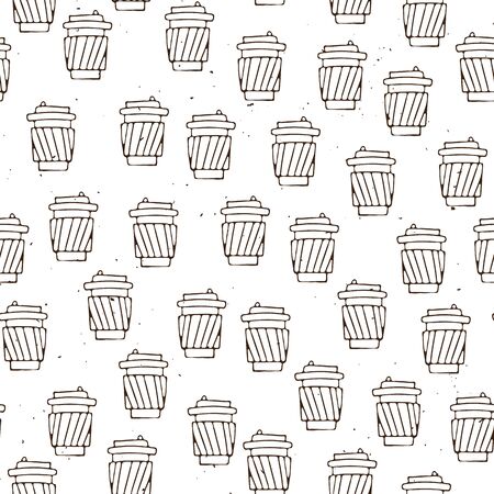 Vector hand draw coffee cup pattern. Coffe take away simple seamless pattern, paper coffee cups on white background, sketch textured background, coffee seamless patternのイラスト素材