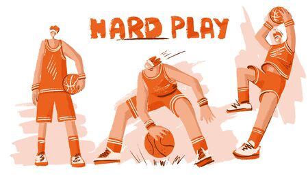 Vector collection of lined doodle and hand draw illustration of basketball players. Man playing in basketball, throwing a ball into basket, playing with ball and standing stright. Professional playersのイラスト素材