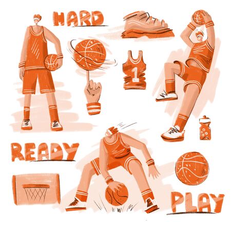 Sketch textured set of basketball - basketball players, basket, ball, sneakers. sport collection in modern doodle, hand draw and line style with orange color. Active sport set of basketball playerの写真素材