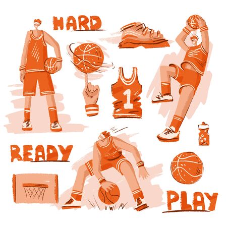 Vector sketch textured set of basketball - basketball players, basket, ball, sneakers. Vector sport collection in modern doodle, hand draw and line style with orange color. Active sport set of basketball playersの写真素材