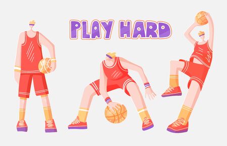 Vector flat collection of basketball players. Man playing in basketball, throwing a ball into basket, playing with ball and standing stright, dynamic active sport and basketballs. Professional basketball players, vector illustrationのイラスト素材