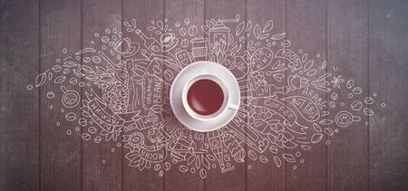 Coffee concept on wooden background - white coffee cup, top view with doodle illustration about coffee, beans, morning, espresso in cafe, breakfast. Morning coffee illustration. Hand draw and coffee illustrationの写真素材