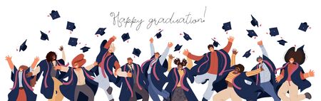 Vector flat set of Happy graduated man and woman in college and university education students in academic dresses. Celebration of Graduation day Students trow caps in air, Success Learning Conceptのイラスト素材