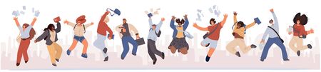 Group of happy students jumping with books, paper in hands. Young joyful jumping and dancing multiracial student people with raised hands. Happy education, joyfull cheerful study, graduation conceptのイラスト素材