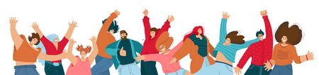 Group of happy people jumping on a white background. Young joyful jumping and dancing people with raised hands. Happiness, freedom, motion and motivational conceptのイラスト素材