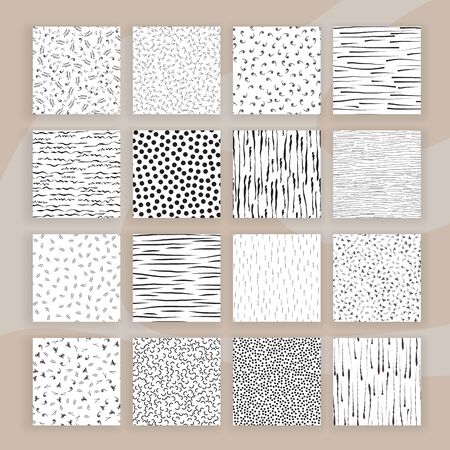 Set of Abstract Samless Patterns of doodles, lines, memphis elements. Simple abstract pattern background collection for interrior, textile design, paper craft. Geometric seamless setのイラスト素材