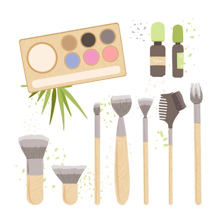 Vector Set of Zero Waste Cosmetics - Natural Eyeshadow, Organic Oil, Makeup Brush Set for Professional make-up with Concealer Eye, Face Liquid Powder. Bamboo Cosmetics Brushes Kitのイラスト素材