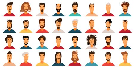 Young Man Avatar flat style vector icon set. Male Faces icon design collection with different styles of hairstyle, beard, mustache. Portrait avatars and hairstyle for man in social media.のイラスト素材