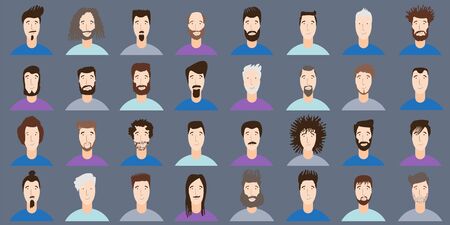 Young Man Avatar flat style vector icon set. Male Faces icon design collection with different styles of hairstyle, beard, mustache. Portrait avatars and hairstyle for man in social media.のイラスト素材