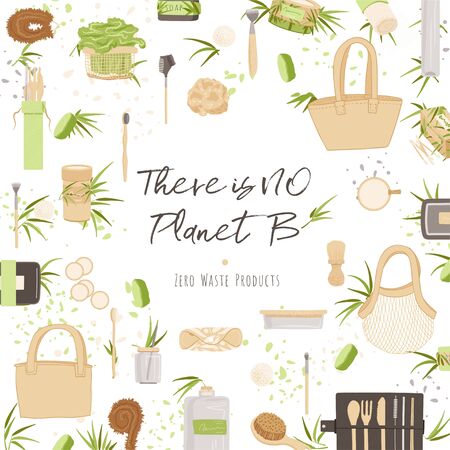Zero Waste Vector Concept illustration in Minimalism Style, with Reusable and Recycle Zero Waste products - Beauty, Kitchen, personal care and hygiene for ecology friendly advertisingのイラスト素材