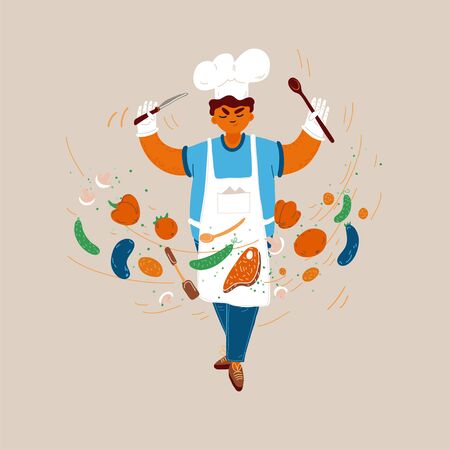 Vector cartoon illustration of home and small restaurant male man cook concepts. Boy cook conducting food creating process with serious face expression.のイラスト素材