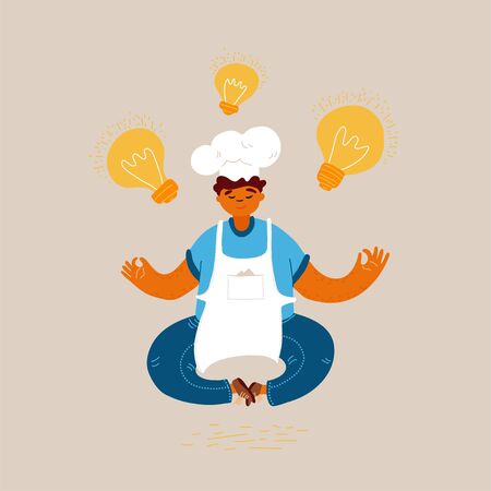 Vector cartoon illustration of home and small restaurant male man cook concept. Boy chief meditating and creating Ideas for Cooking. Profession developmentのイラスト素材