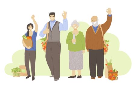 Group of happy joyful people holding zero waste products in hands - bags, kitchen and beauty produts, and showing OK sign. Zero Waste Lifestyle concept with different aged peopleのイラスト素材
