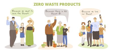 Group of happy joyful people holding zero waste products in hands - bags, kitchen and beauty produts, and showing OK sign with speech bubbles above and motivational ecology textのイラスト素材