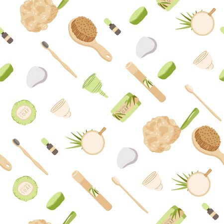 Zero Waste Vector Seamless Pattern in Minimalism Style, with Reusable and Recycle Zero Waste products - Pad, Box, Charcoal toothbrush, Natural Soap and other. Eco friendly repeatable pattern.のイラスト素材