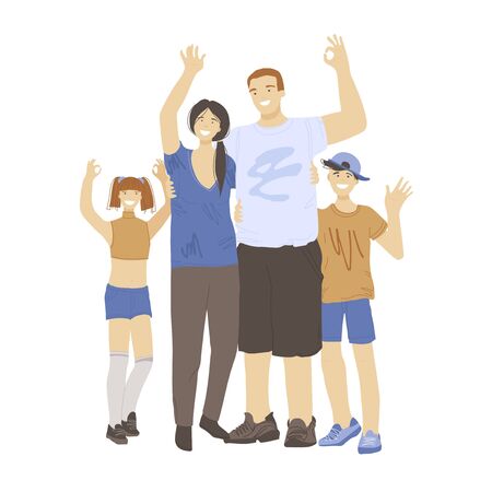 Happy cheerful family of man, woman and two kids, boy and girl, waving hands, showing OK Sign, hugging each other. Vector illustration isolated on white background, happy family concept.のイラスト素材