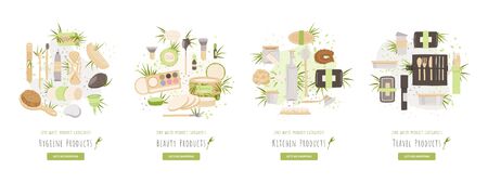 Zero Waste Ecology Product Category Vector Illustration - Travel Products, Beauty and Hygiene, Kitchen and household, House Cleaning Product reusable, recycle goods.のイラスト素材