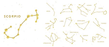 Vector golden and glitter horoscope signs and constellation. Zodiac celestial signs, stylized as shiny sparkle line and dots. Cancer, gemini and other zodiacal sign in one setのイラスト素材