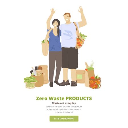 Group of happy joyful people holding zero waste products in hands - bags, kitchen and beauty produts, and showing OK sign. Zero Waste Lifestyle concept with group of peopleのイラスト素材
