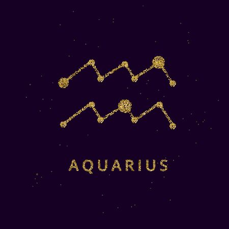 Aquarius zodiac horoscope sign, astrology simbol in golden shiny glittered style on black sky background.のイラスト素材