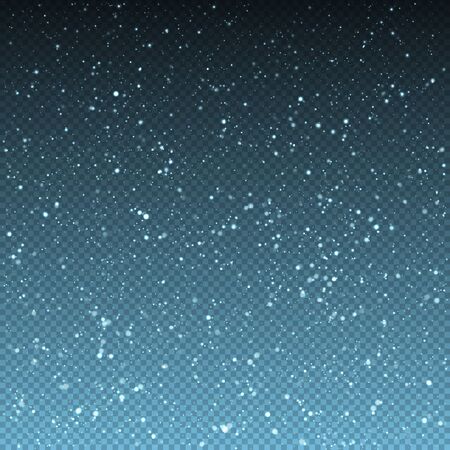Falling winter christmas realistic snow on transparent background. Bokeh lights and flying snowflakes in the air. Overlay texture of winter Snowstorm. Vector heavy snowfall, snowflakes.のイラスト素材