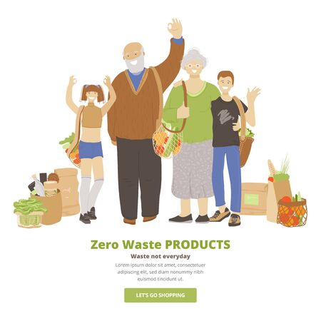 Vector illustration of joyful family of senior couple and grandchildren, hugging, waving, holding zero waste products in hands, showing OK sign. Zero Waste Lifestyle concept of different generationsのイラスト素材