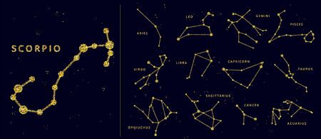 Vector golden and glitter horoscope signs and constellation. Zodiac celestial signs, stylized as shiny sparkle line and dots. Cancer, gemini and other zodiacal sign in one setのイラスト素材