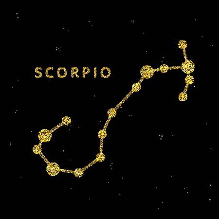 Scorpio zodiac horoscope sign, astrology simbol in golden shiny glittered style on black sky background.のイラスト素材