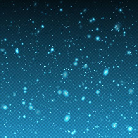 Falling winter christmas realistic snow on transparent background. Bokeh lights and flying snowflakes in the air. Overlay texture of winter Snowstorm. Vector heavy snowfall, snowflakesのイラスト素材