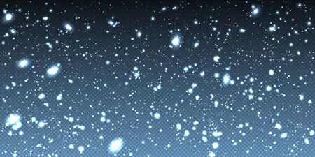 Falling winter christmas realistic snow on transparent background. Bokeh lights and flying snowflakes in the air. Overlay texture of winter Snowstorm. Vector heavy snowfall, snowflakes.のイラスト素材