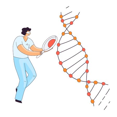 Flat Illustration of Scientist Man, Character Doing Genetic DNA Gene Research. Man looking for an Information in DNA Spiral for CRISPR Therapy, Vector Concept.のイラスト素材