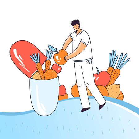 Medical drug vector illustration with man character who puts vital minerals, vitamins, antioxidants, healthy elements of vegetables and fruits in a pill capsule with medicine. Flat conceptのイラスト素材