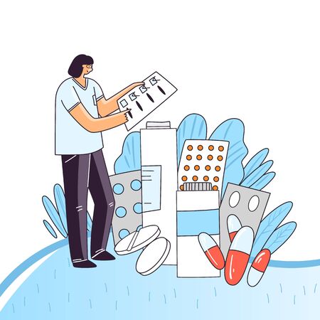 Vector flat illustration of woman character doing check up for a medical drugs, pill, capsules with vital elements for human health. Medicine pharmaceutical treatment conceptのイラスト素材