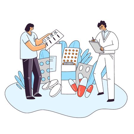 Vector flat illustration of man and woman characters checking up medical drug, pill, capsule for human health. Medicine pharmaceutical treatment and research concept, RX Prescription Doctor Choiceのイラスト素材