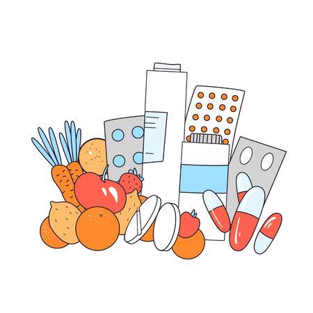 Vector flat illustration medical drugs, pill, capsules and healthy food, vegetables and Fruits with vital elements for human health. Medicine pharmaceutical pill and natural vitamins conceptのイラスト素材