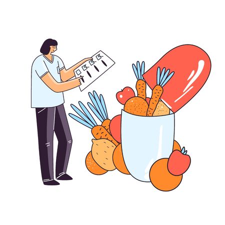 Vector flat illustration of woman character doing check up for a medical drugs, pill, capsules with vital elements for human health. Medicine pharmaceutical treatment conceptのイラスト素材
