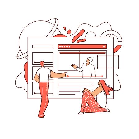 Man and Woman characters sitting in front of web site, watching educational video in creative, computer, science fields. Online education vector flat concept with abstract elements, line art style.のイラスト素材