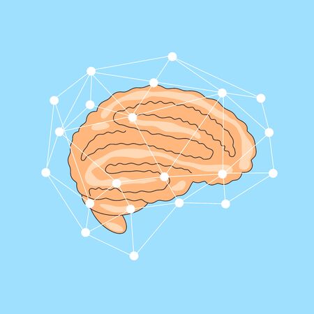 Vector flat illustration of brain with network of line around it. Cerebral concept, Human organ icon.のイラスト素材