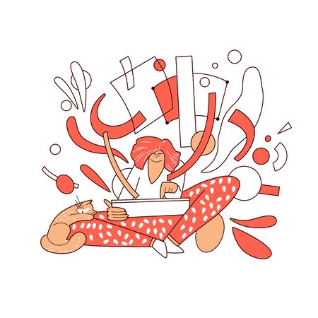 Online education, learning on a tablet vector abstract graphic concept. Girl sitting at home in front of pad, watching educational video with a cat. Online university, school course illustrationのイラスト素材