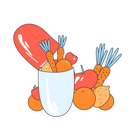 Vector flat illustration of natural vital elements from healthy food - fruits, vegetables in a medical drug capsule. Medicine Pharmacology and Human Health Conceptのイラスト素材