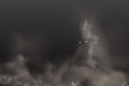 3d Yellow and Browon Dust on Vector Dark Transparent Background. Dust Dirty Cloud Particles in the Air pollution and Smoke Gog. Explosion clouds in City Smog, Polluted and Dirty Airのイラスト素材