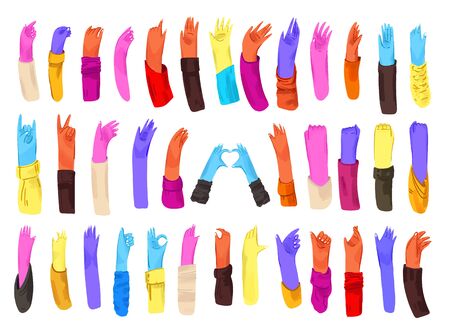 Human bright colored hands with collection of signs and hand gestures - ok, love, greetings, waving hands, phone and app control with fingers, fist up. Man and woman hands setのイラスト素材