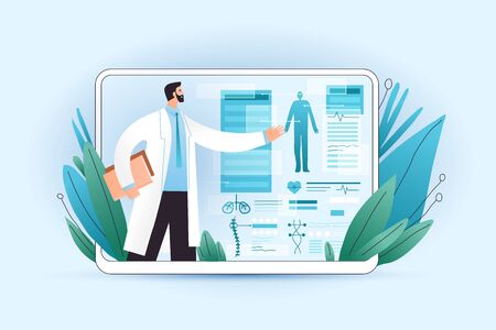 Medical full body screening results on tablet and healthcare device with professional doctor explaining it. Professional medical test for patient using medical apps on a digital tablet, vector conceptのイラスト素材