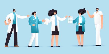 Vector flat illustration of professional medic team with pointing gestures. Cartoon doctor characters set - man, woman, nurses and doctorsのイラスト素材