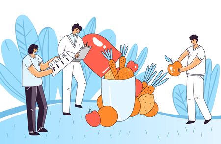 Vector flat illustration of man, woman characters checking up medical drug, pill, capsule for human health, adding in a pill vital natural elements from vegetables and fruits. Pharmacology conceptのイラスト素材
