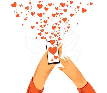 Hand with phone vector cartoon illustration. Smartphone with messenger, online chat, sending likes icons and social engagement. Happy friendly and romantic communicationのイラスト素材