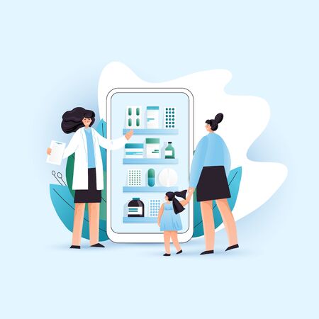 Vector flat online pharmacy illustration with Woman and a Child consultating online with pharmacist and choosing correct treatment in online drugstore, pharmaceutical companyのイラスト素材
