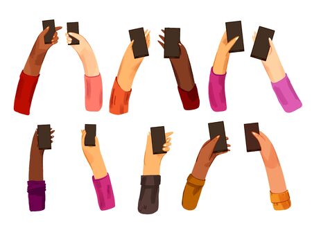 Human hands, man and woman palms holding a black Phone with black screen vector flat collection with light texture. Set of different male and female palms with phone positions isolated on whiteのイラスト素材