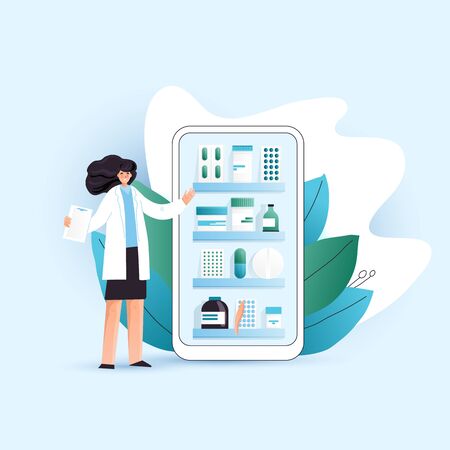 Vector flat online pharmacy illustration with Woman character consultating online as a pharmacist and helping with correct treatment in online drugstore, pharmaceutical companyのイラスト素材